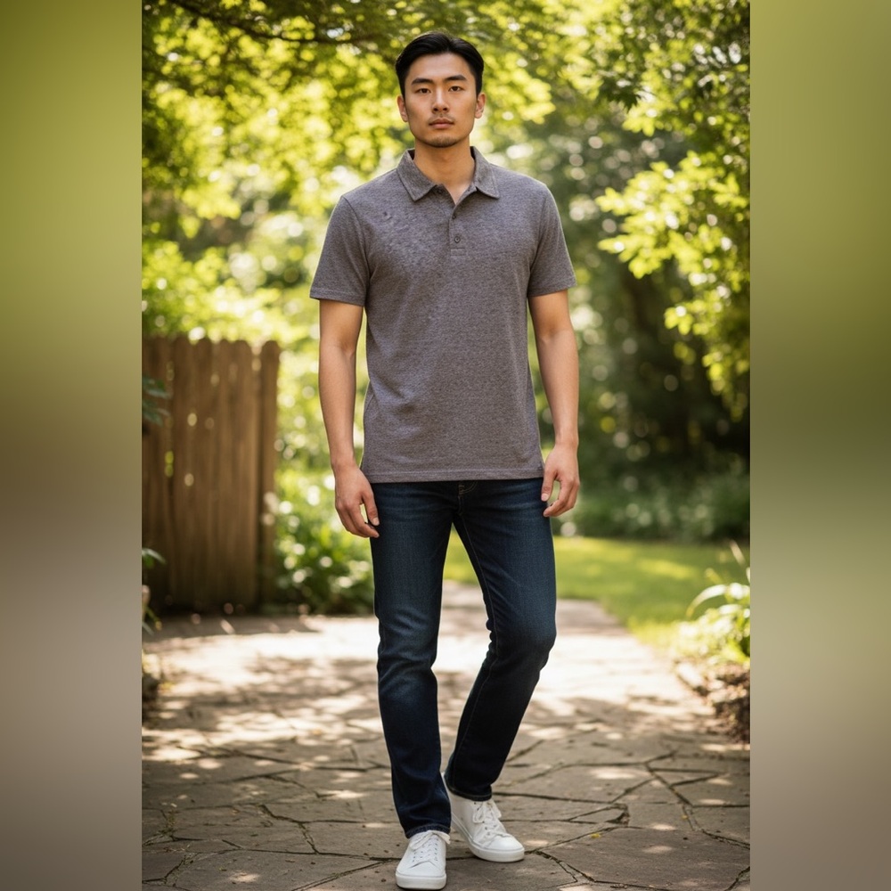 Threads 4 Thought Heathered Polo NWT • Small • Gray Purple Stretch • Eco Fabric